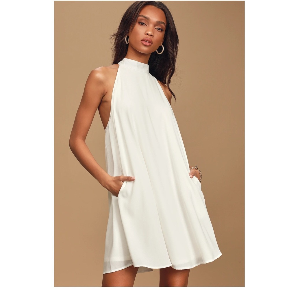 Lulus Love Of Mine White Halter Mini Swing Dress Mock Neck Pockets Size M